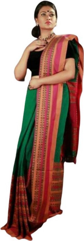 Woven Berhampuri Pure Cotton Saree  (Green)