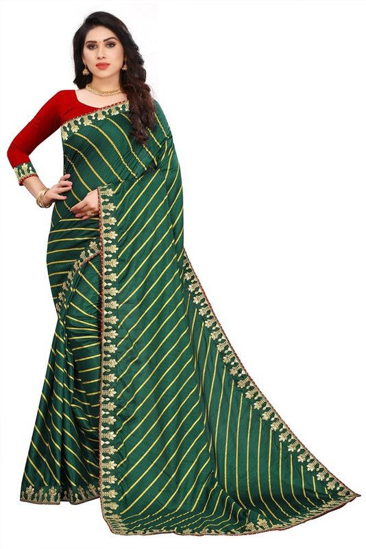 Printed Leheria Chiffon Saree  (Green)
