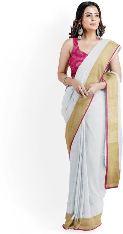Solid Kasavu Cotton Silk Saree  (White)