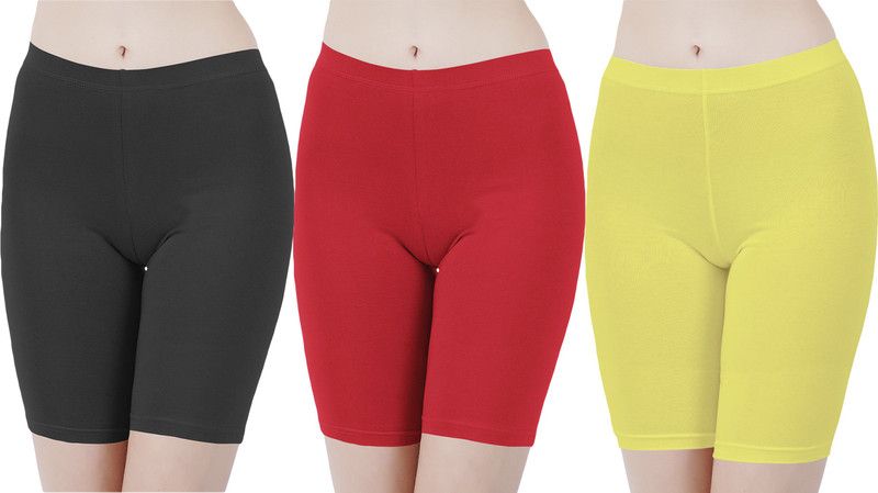 Pack of 3 Solid Women Black, Red, Yellow Cycling Shorts