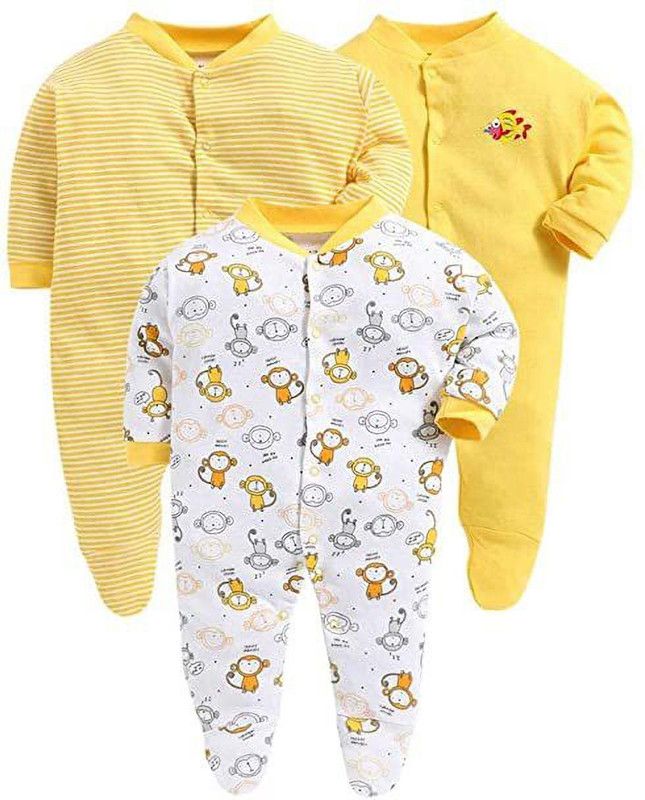 Romper For Baby Boys & Baby Girls Printed, Striped Pure Cotton  (Yellow, Pack of 3)