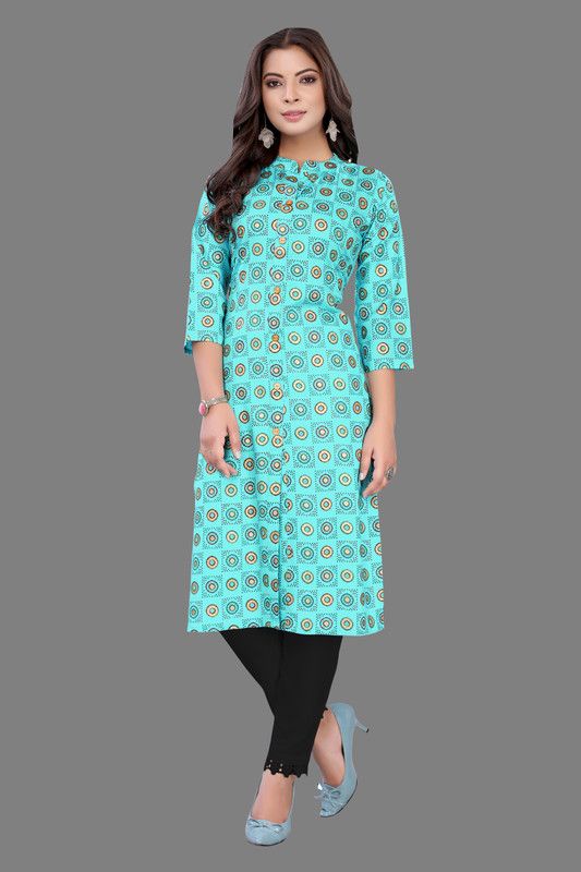 Women Printed, Paisley Cotton Linen Straight Kurta  (Light Blue)