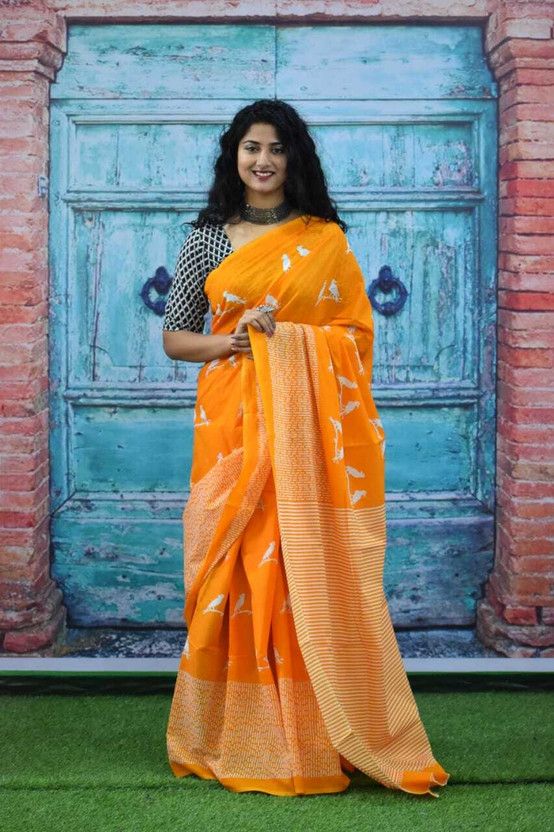 Printed, Blocked Printed, Floral Print, Dyed Daily Wear Pure Cotton Saree  (Orange)