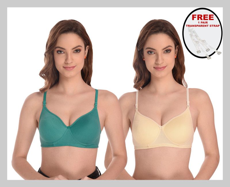 Women Full Coverage Lightly Padded Bra  (Green, Beige)