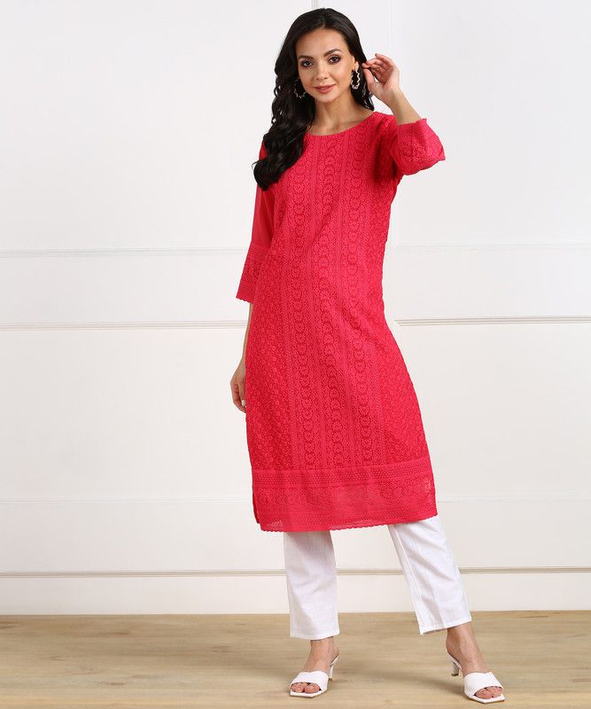 Girls Chikan Embroidery Kurta  (Pink)