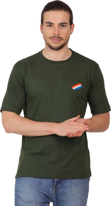 Olive Green Commando Style T-shirt for men Men Embroidered, Solid Round Neck Cotton Blend Dark Green T-Shirt