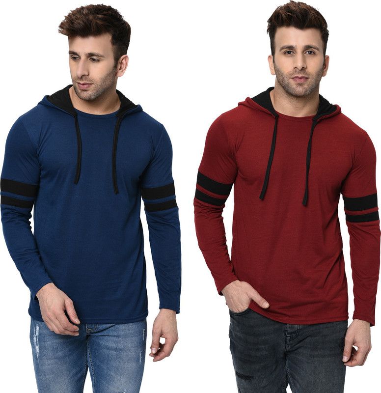 Pack of 2 Men Colorblock Hooded Neck Cotton Blend Blue, Maroon T-Shirt