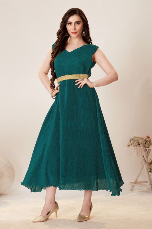 Embellished Georgette Stitched Anarkali Gown  (Green)