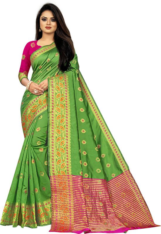 Checkered Kanjivaram Cotton Silk Saree  (Green)