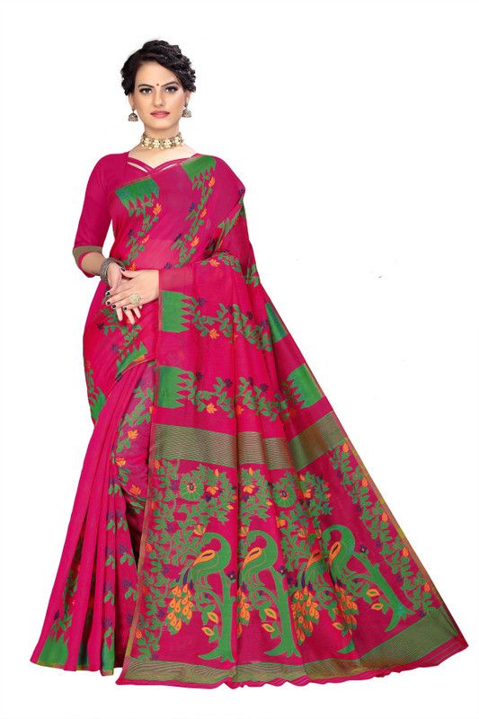 Printed Jamdani Cotton Blend Saree  (Pink)