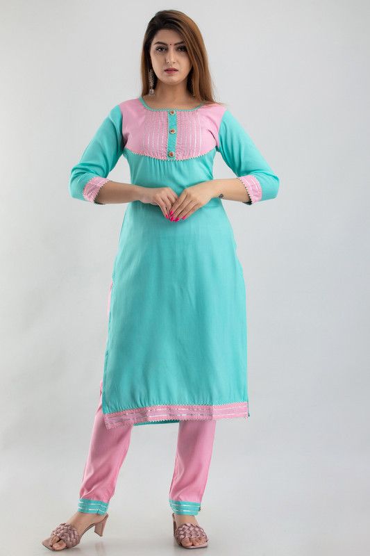 Pack of 2 Women Self Design Cotton Blend Gown Kurta  (Blue, Pink)