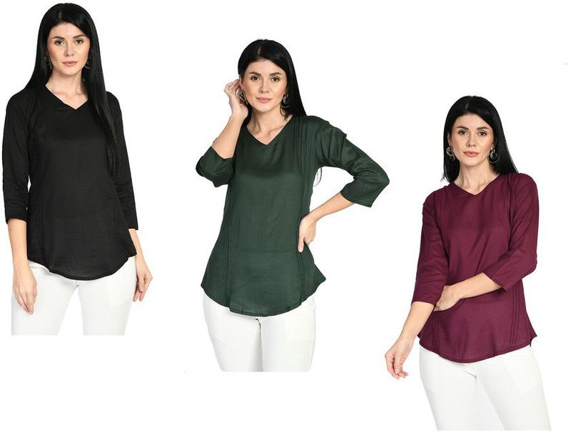 Pack of 3 Casual Regular Sleeves Solid Women Green, Maroon, Black Top