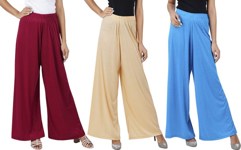 Pack of 3 Women Flared Maroon, Beige, Blue Cotton Blend Trousers