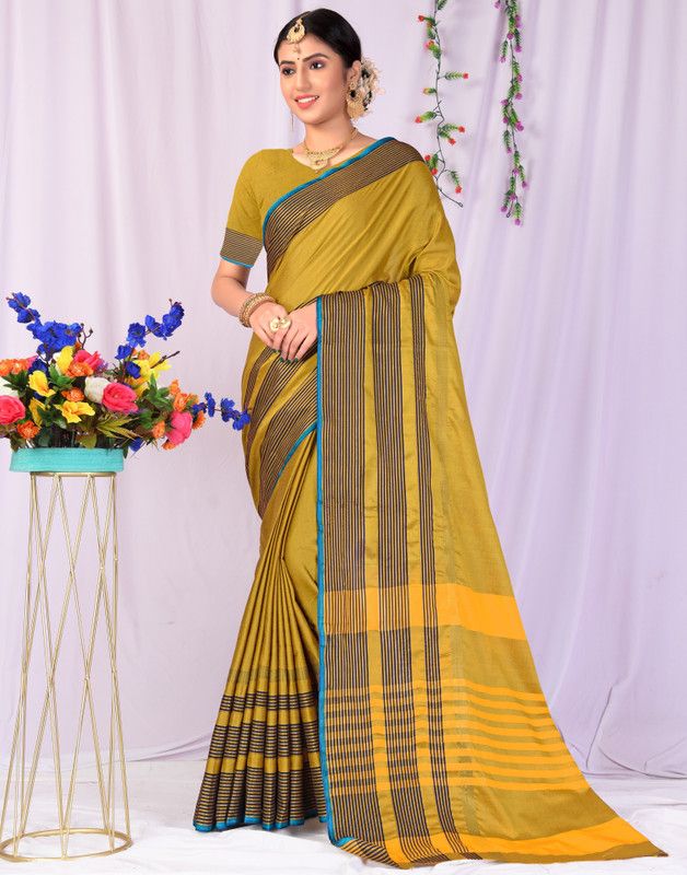 Fashion Pure Cotton Saree  (Gold, Blue)