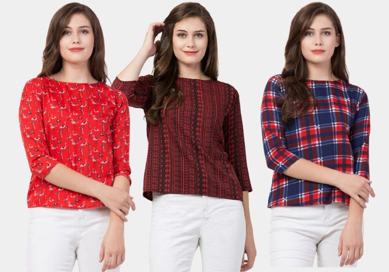 Pack of 3 Casual Regular Sleeves Printed Women Red, Maroon, Blue Top
