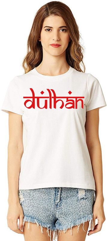 Aseria Womens Cotton Biowash Graphic Printed Half Sleeve T-Shirt - Dulhan Girl (White, L) Women Graphic Print Round Neck Cotton Blend White T-Shirt