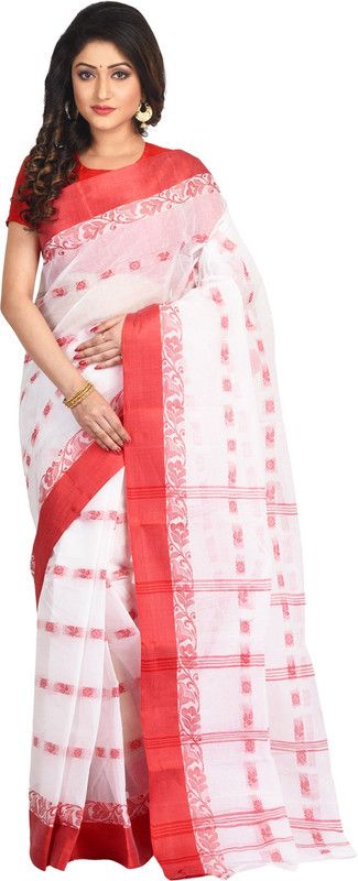 Woven Tant Pure Cotton Saree  (White)
