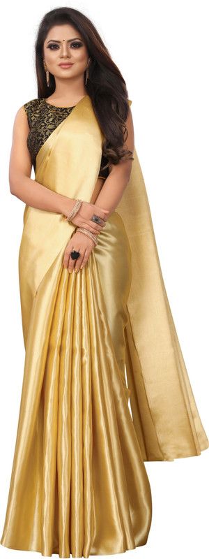 Solid/Plain Banarasi Silk Blend Saree  (Gold)