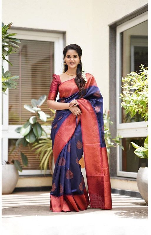 Woven Kanjivaram Jacquard, Pure Silk Saree  (Dark Blue)