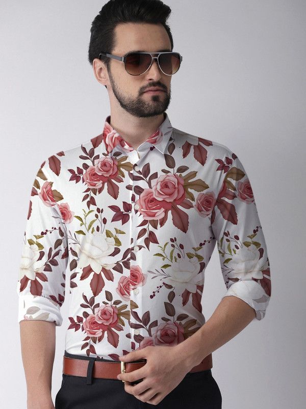 Men Slim Fit Floral Print Spread Collar Casual Shirt