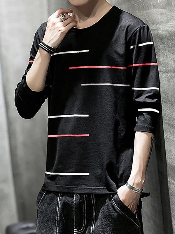 Men Striped Round Neck Cotton Blend Black T-Shirt