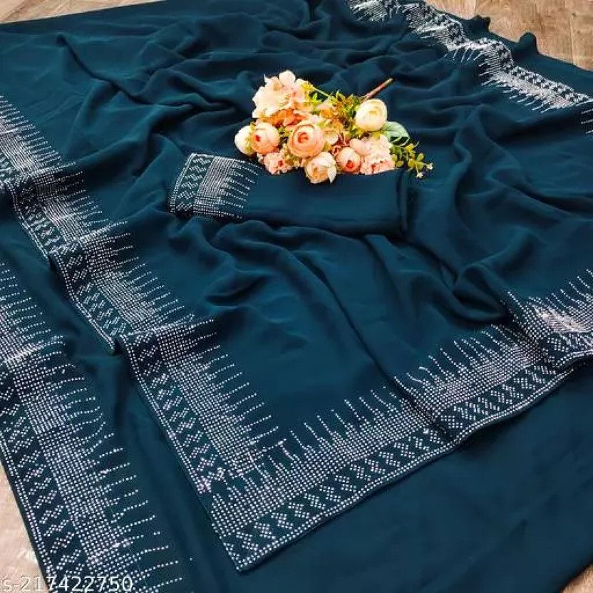 Solid/Plain Bollywood Georgette Saree  (Blue)
