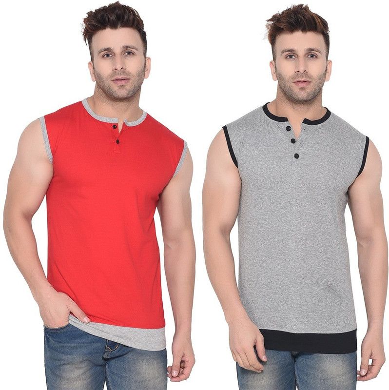 Pack of 2 Faizaan Men Solid Henley Neck Cotton Blend Silver, Red T-Shirt