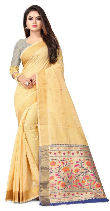 Woven Madhubani Cotton Linen Saree  (Beige)