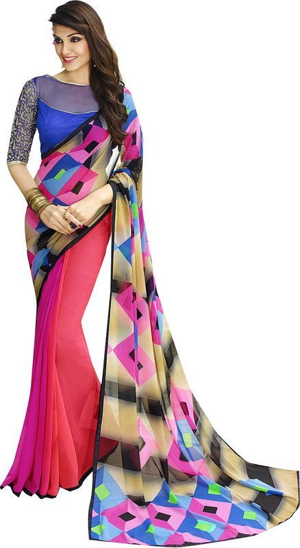 Geometric Print Bollywood Georgette Saree  (Pink)