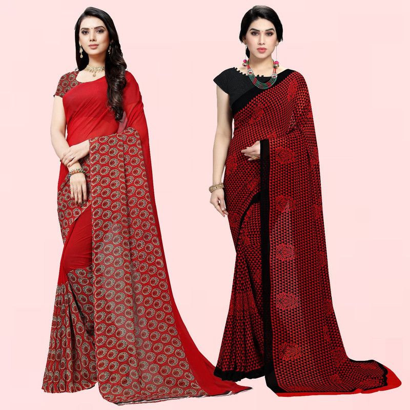 Paisley Bollywood Georgette Saree  (Pack of 2, Red, Black)