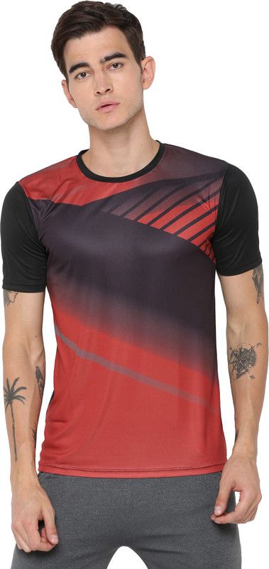 Men Sporty Round Neck Polyester Black T-Shirt