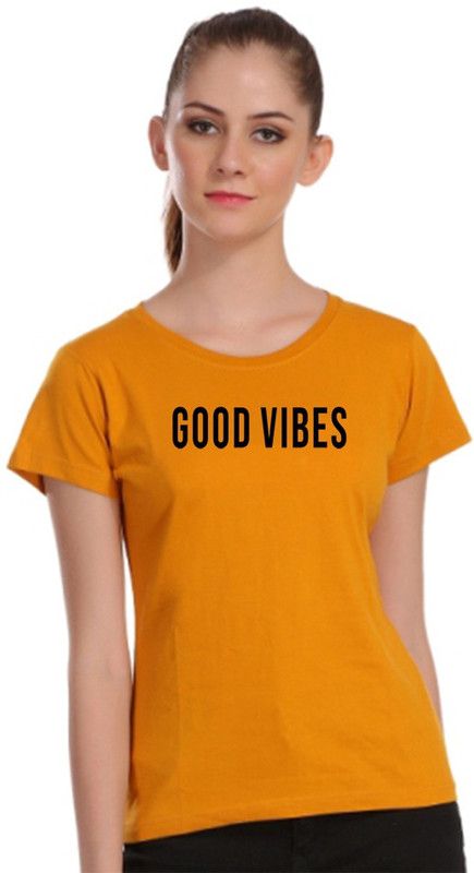 Good Vibes Women Printed Round Neck Cotton Blend Yellow T-Shirt