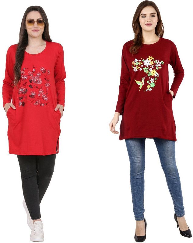 Pack of 2 Women Floral Print Polo Neck Cotton Blend Red, Maroon T-Shirt
