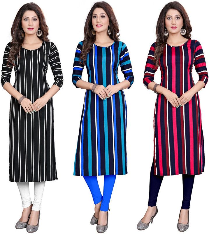 Pack of 3 Women Striped Crepe Straight Kurta  (Multicolor)