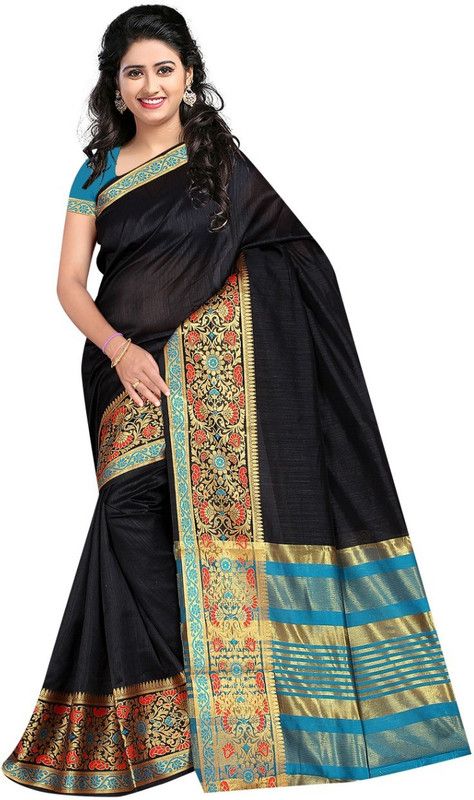 Woven Chanderi Chanderi Saree  (Black)