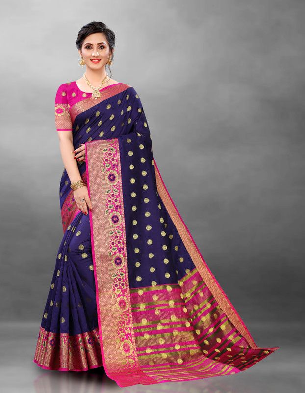 Self Design, Printed, Embellished, Floral Print, Solid/Plain Banarasi Jacquard, Cotton Linen Saree  (Dark Blue)
