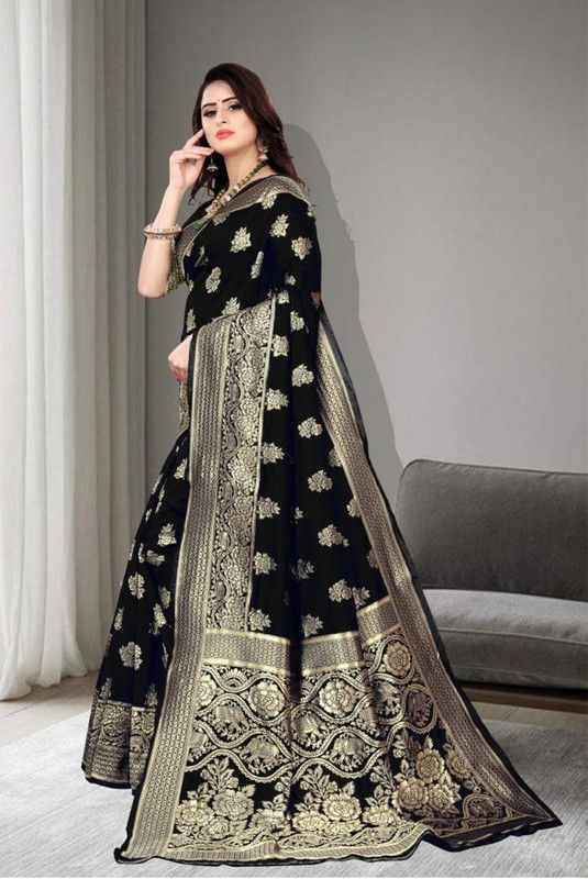 Kanjivaram Jacquard Saree  (Black, Gold)