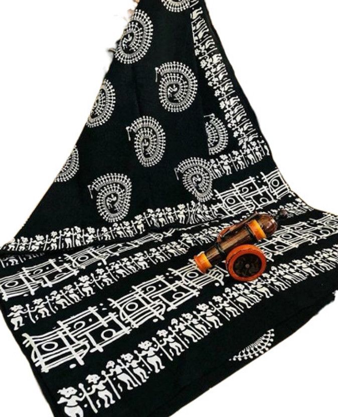 Printed Bollywood Pure Cotton Saree  (Black)