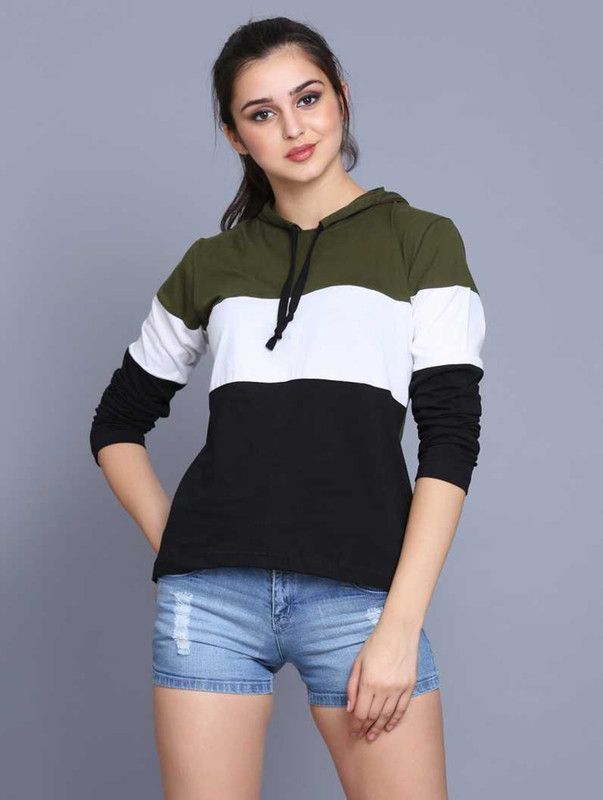 Women Color Block Hooded Neck Cotton Blend Green, White, Black T-Shirt