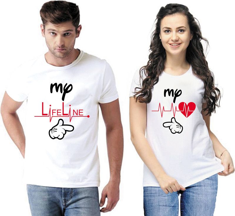 Pack of 2 Couple Printed Round Neck Cotton Blend White T-Shirt