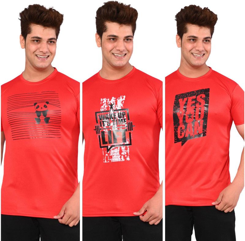 Pack of 3 sportwear Men Printed Round Neck Cotton Blend Red T-Shirt