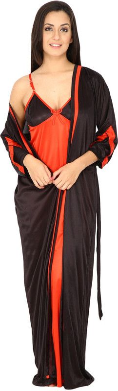Pack of 2 Women Nighty with Robe  (Black, Orange)