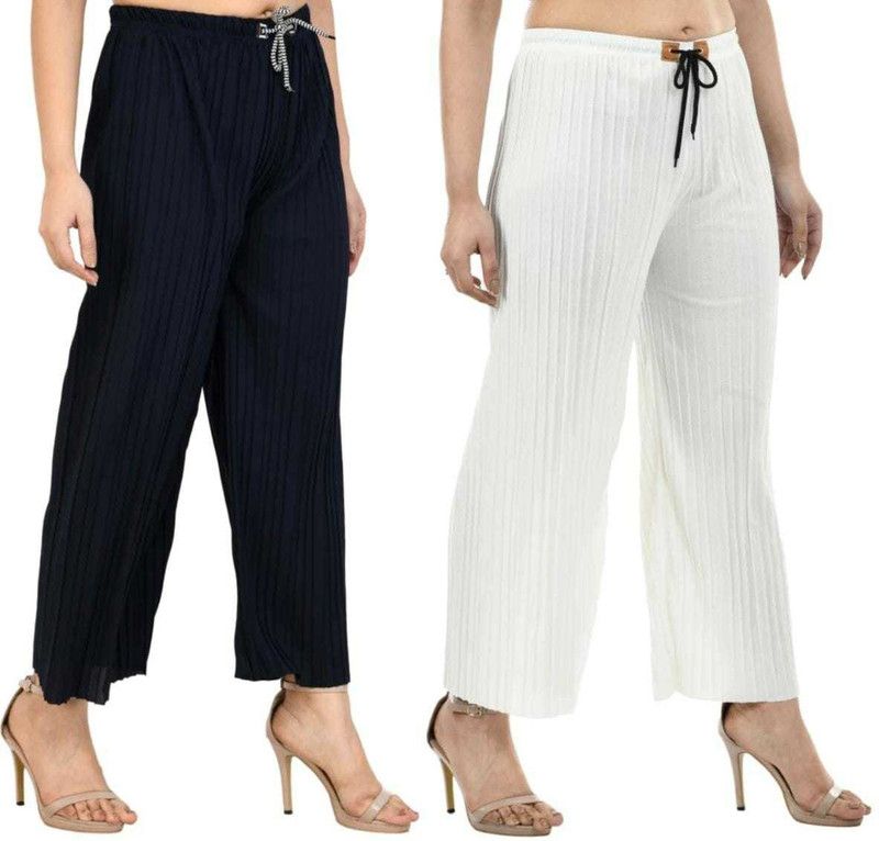 Pack of 2 Women Relaxed Dark Blue, White Lycra Blend Trousers