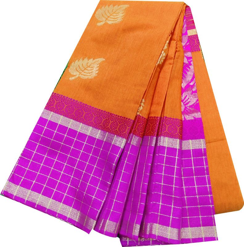 Printed Kota Doria Cotton Silk Saree  (Orange)
