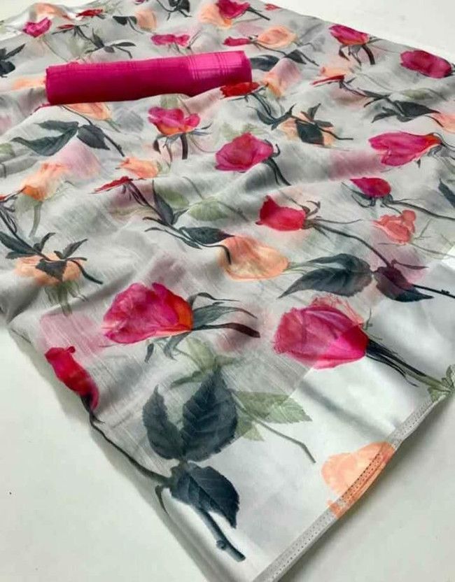 Printed, Color Block, Temple Border, Striped, Woven, Applique, Polka Print, Solid/Plain, Checkered Daily Wear Cotton Linen, Cotton Jute Saree  (Pink, Grey)
