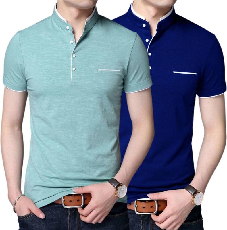 Pack of 2 GULGULI MENBUTTON TSHIRT PACKOF2 Men Solid Mandarin Collar Poly Cotton Blue, Light Green T-Shirt