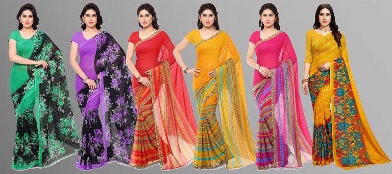 Daily Wear Georgette Saree  (Pack of 6, Purple, Red, Green, Pink, Yellow)