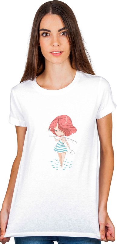 Fishing Girl Graphic printed Cotton Tshirt Unisex Women Printed Round Neck Cotton Blend White T-Shirt