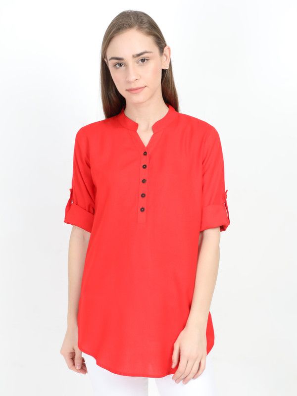 Casual Roll Up Sleeves Solid Women Red Top