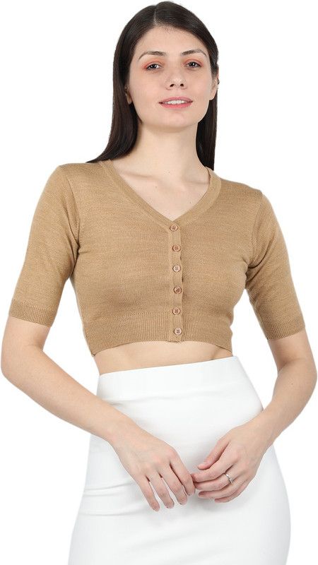 Women Solid V Neck Brown Sweater